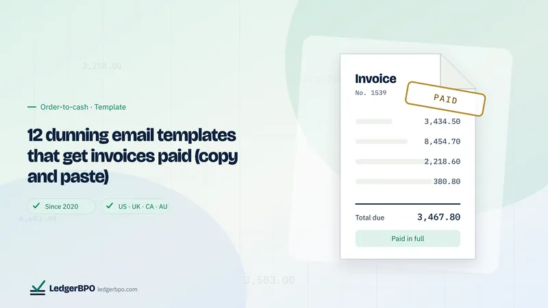 12 dunning email templates that get invoices paid (copy and paste): LedgerBPO guide cover
