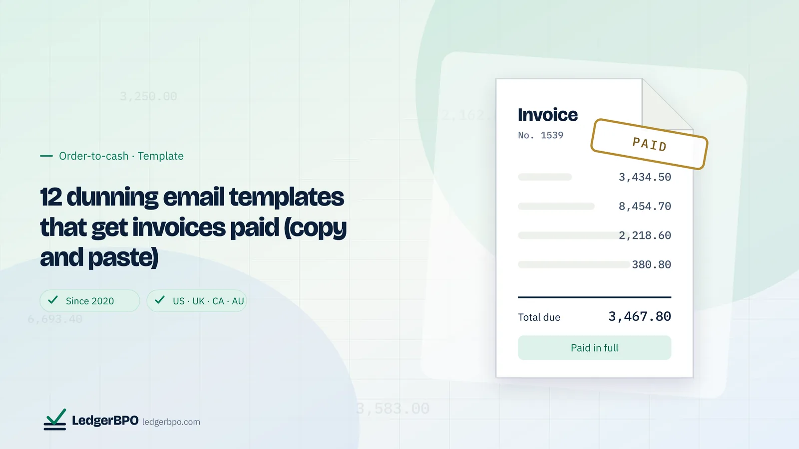 12 dunning email templates that get invoices paid (copy and paste): LedgerBPO guide cover
