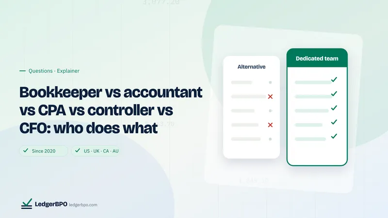 Bookkeeper vs accountant vs CPA vs controller vs CFO: who does what: LedgerBPO cover graphic