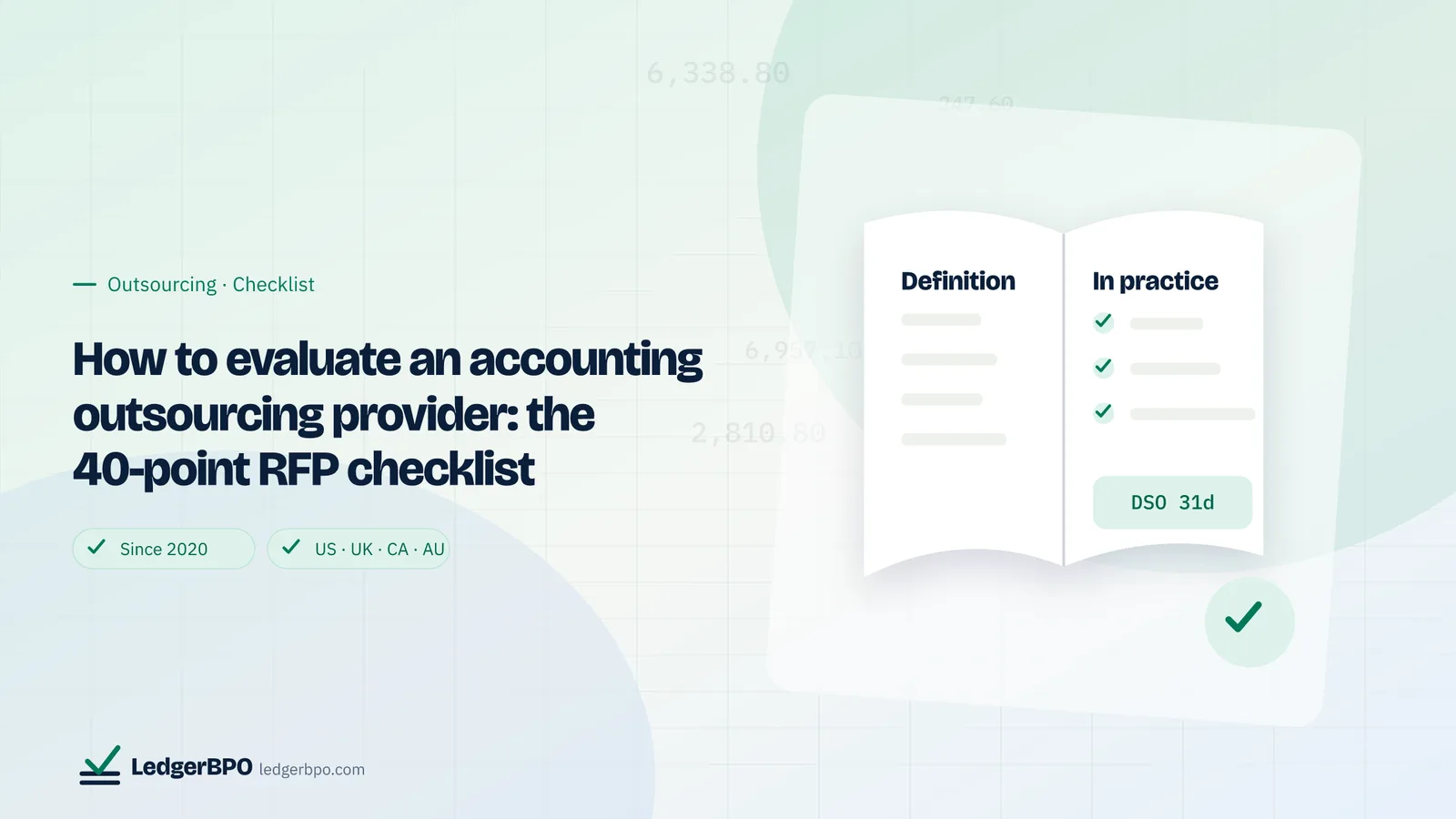 How to evaluate an accounting outsourcing provider: the 40-point RFP checklist: LedgerBPO guide cover