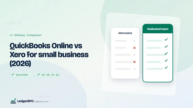 QuickBooks Online vs Xero for small business (2026): LedgerBPO cover graphic