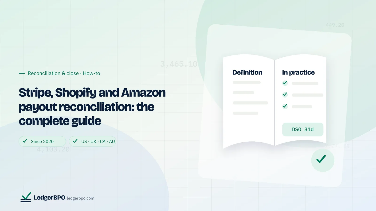 Stripe, Shopify and Amazon payout reconciliation: the complete guide: LedgerBPO guide cover