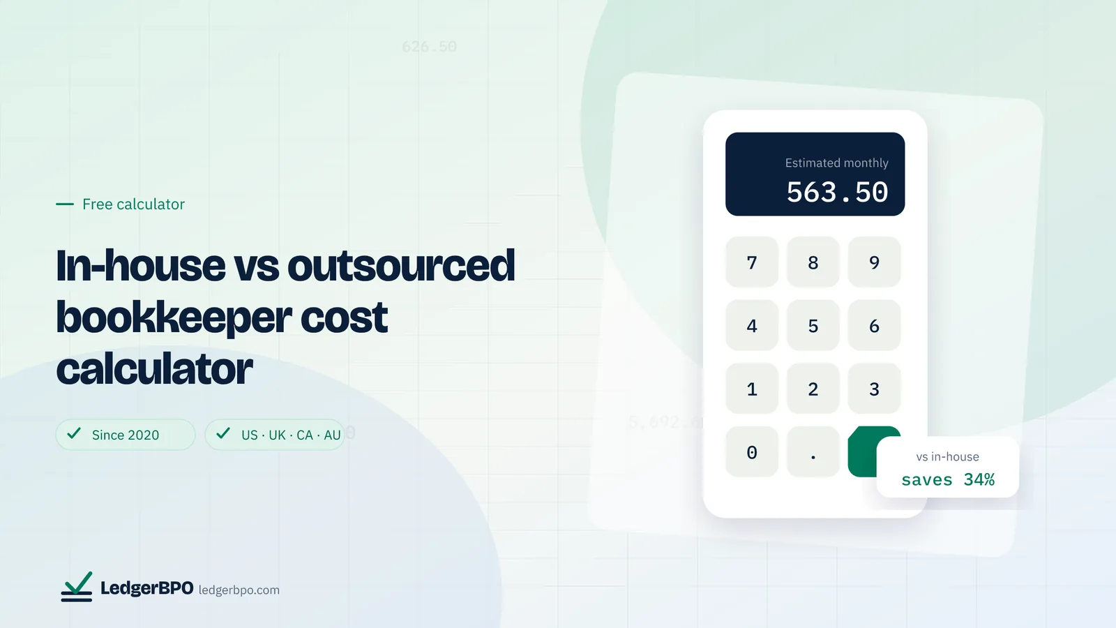 In-house vs outsourced bookkeeper cost calculator: LedgerBPO cover graphic